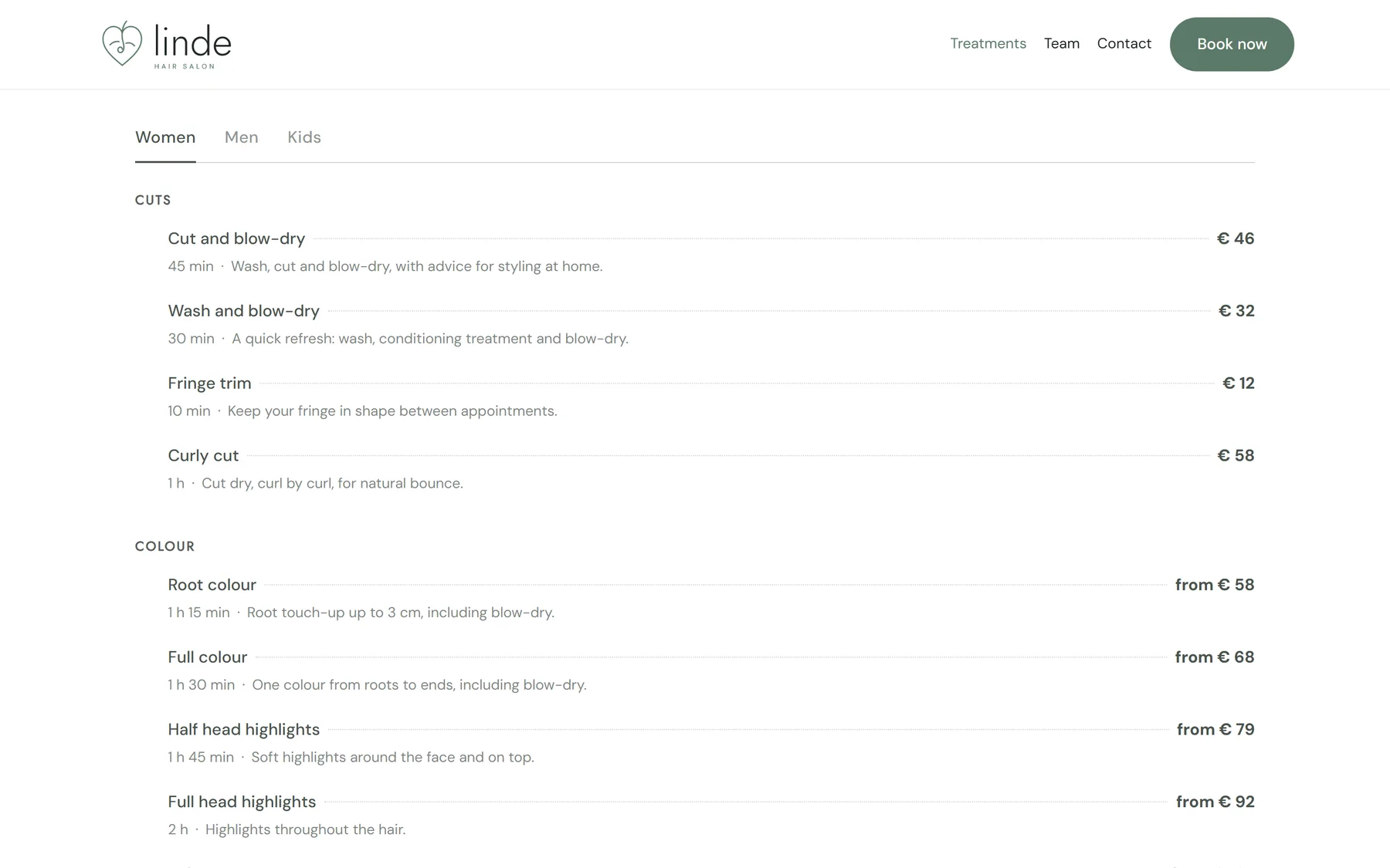 ChairIt price list block with tabs for women, men and kids