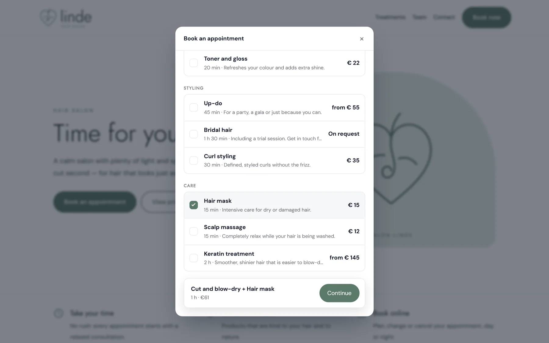 ChairIt booking pop-up with two treatments selected and the total time and price