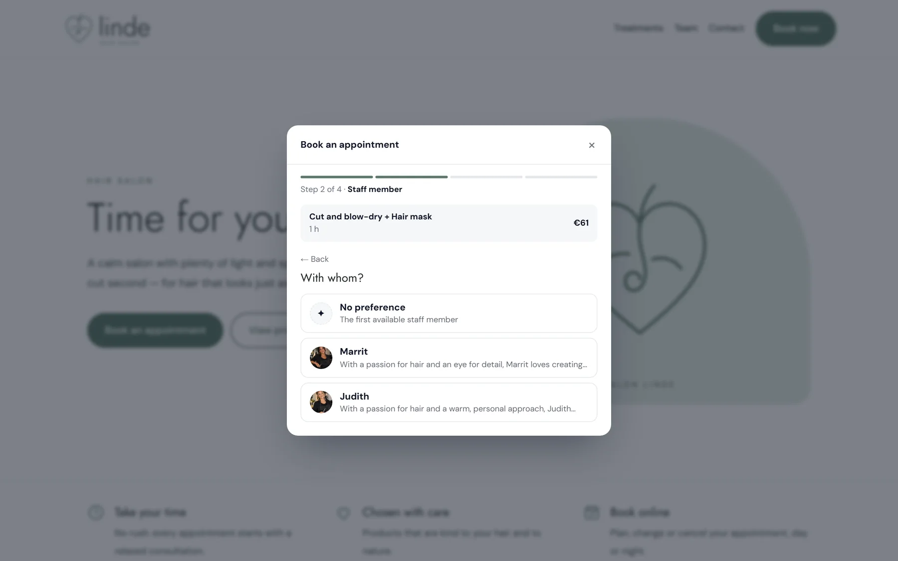 Choosing a staff member in the ChairIt booking pop-up