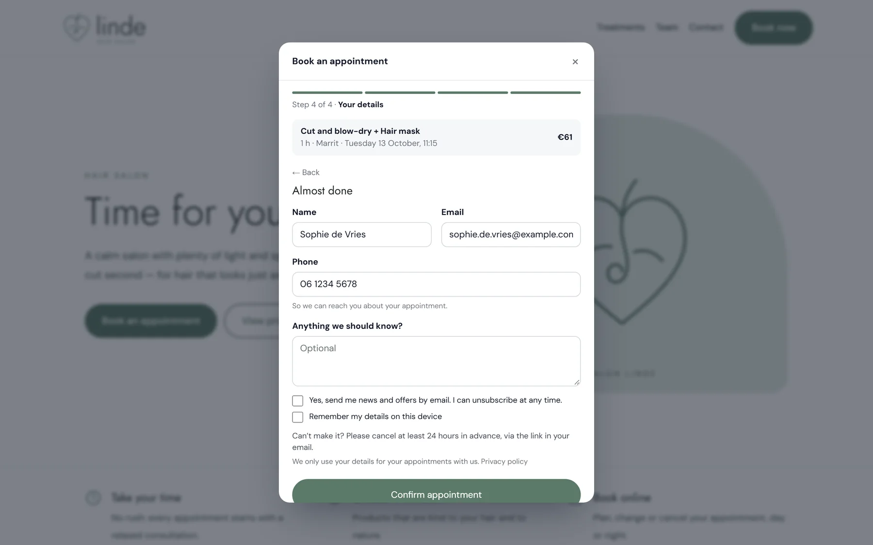 Entering contact details to confirm a booking in ChairIt