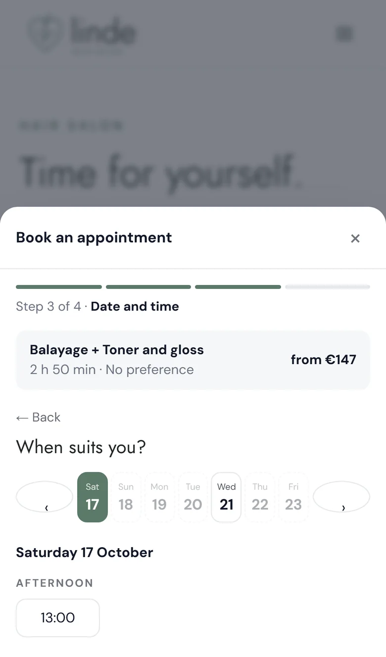 ChairIt booking on a phone: choosing a time