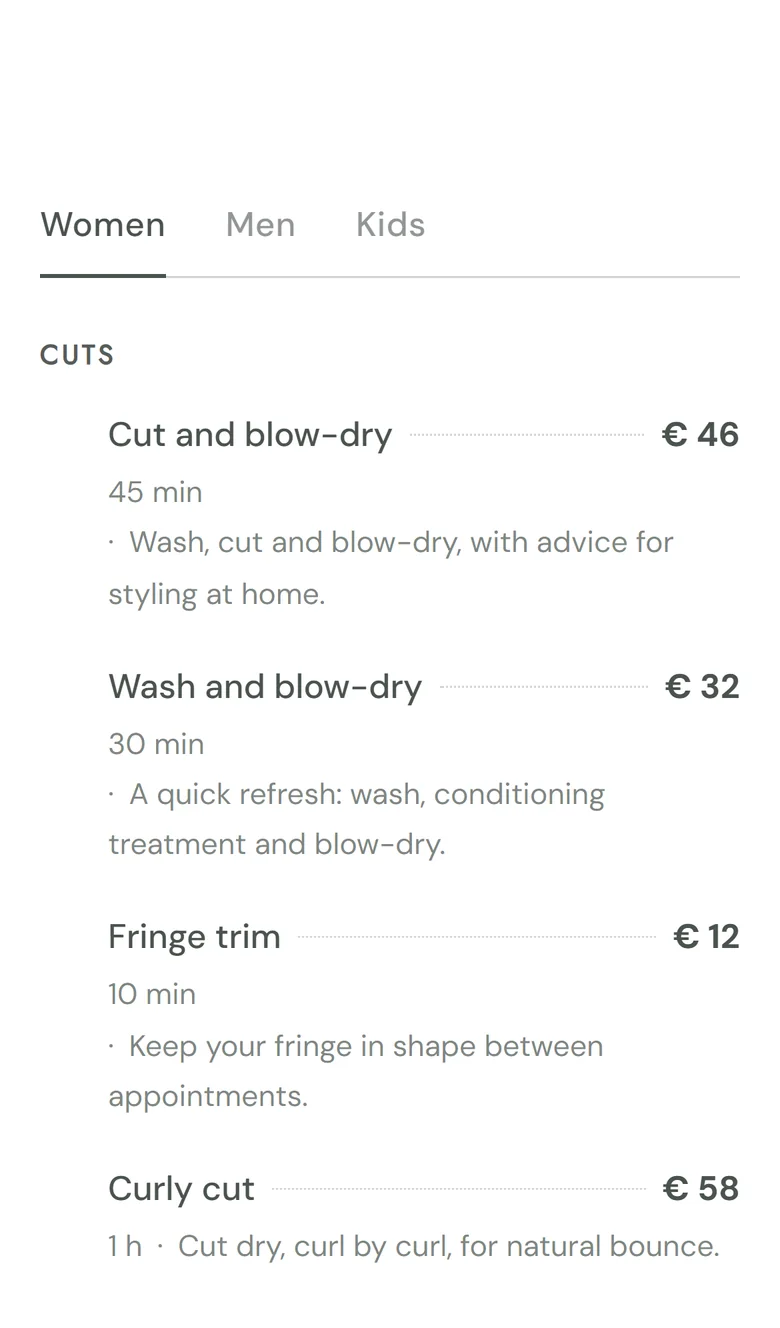 ChairIt price list on a phone