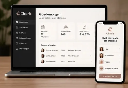 ChairIt dashboard and booking app on laptop and phone