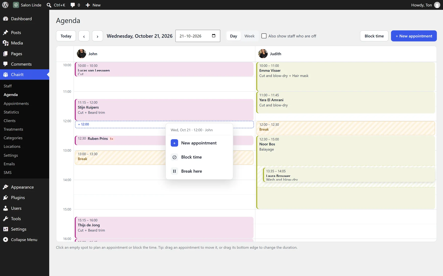 Clicking an empty spot in the ChairIt agenda to plan an appointment, block time or place a break