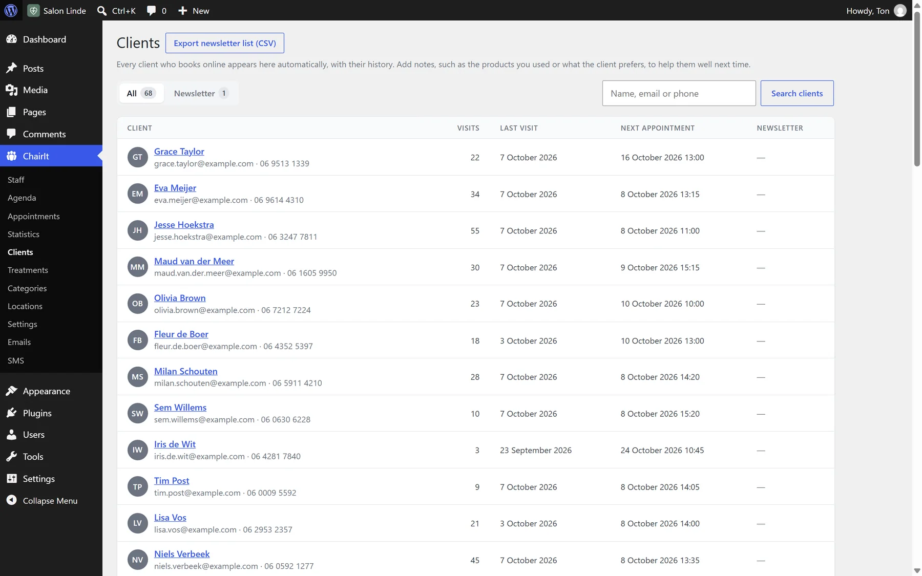 ChairIt client list with visits and no-shows