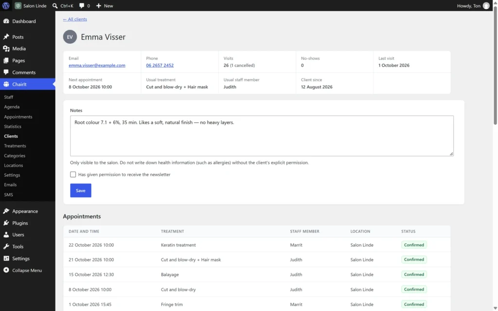Client record with visit history and notes