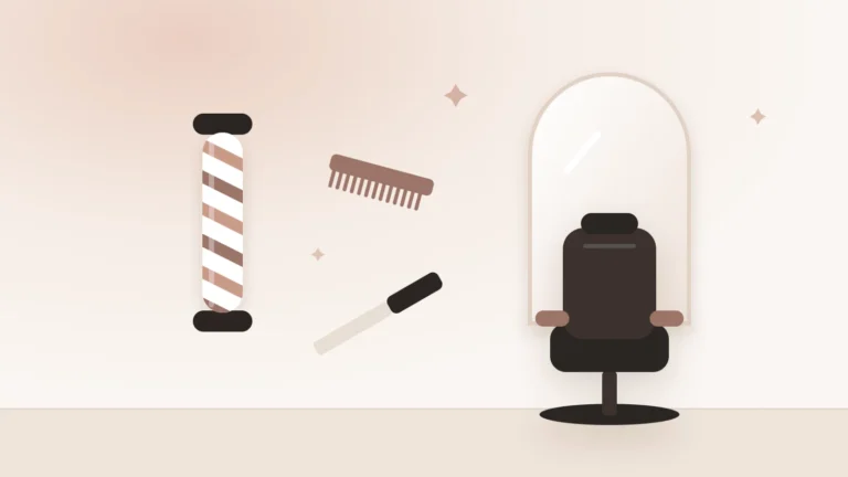 Illustration of a barbershop with a barber pole, a barber chair, a comb and a razor
