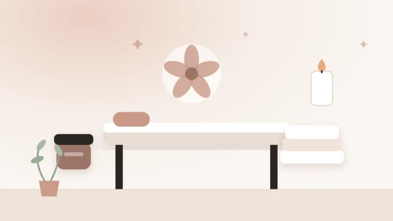Illustration of a beauty salon treatment table with towels, a candle, a cream jar and a flower