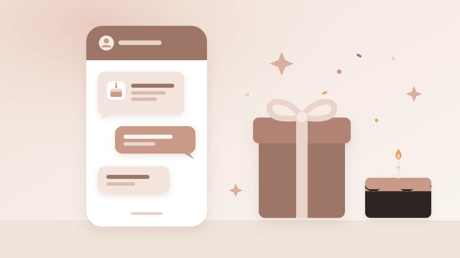 Illustration of a phone with personal messages from a salon, next to a gift box and a birthday cake with a candle