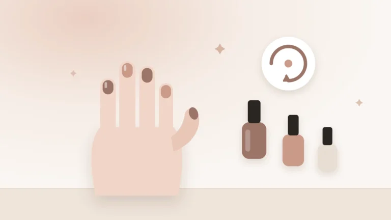 Illustration of a hand with painted nails, nail polish bottles and a repeat symbol for refills